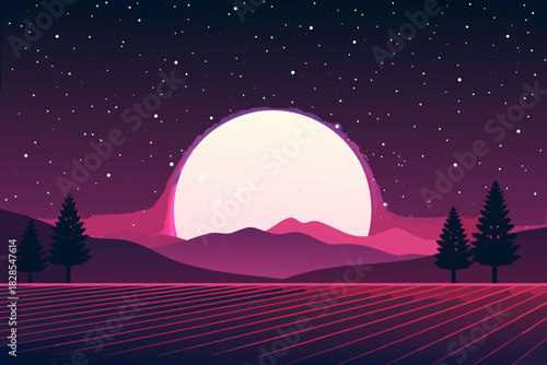 Showcasing Minimalist Moon Landscape With Neon Stars Stunning High-Quality Stock Image