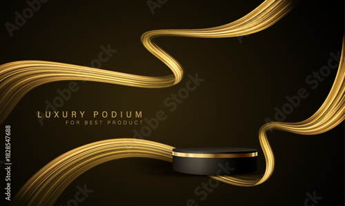 Gold cylinder podium with Golden Luxury Wavy Ribbon. Golden Luxury Podium in the Dark Room for mockup products, promotion display. Black Studio Scene Background. Vector illustration