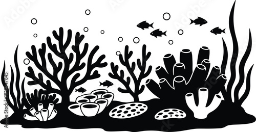 Dynamic black silhouette of a vibrant underwater coral reef ecosystem featuring various hard and soft corals, fish, and floating bubbles, symbolizing ocean health and marine life