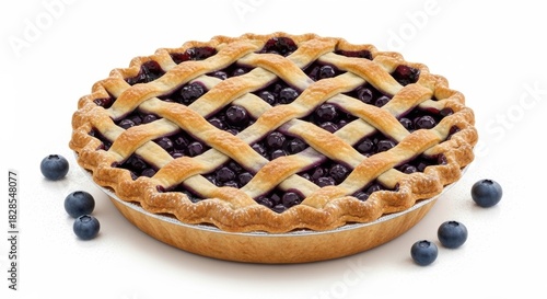 Delicious Homemade Blueberry Pie with Lattice Crust on White Background.