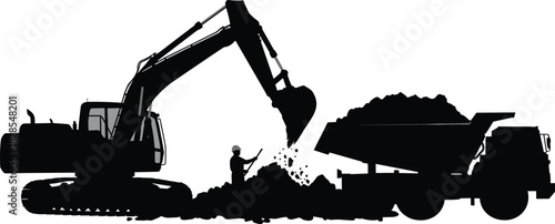 Dynamic black silhouette scene of a large excavator loading soil and gravel into a heavy-duty dump truck 