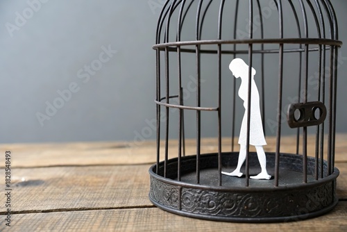 human paper cutout inside bird cage. Trap and limitation