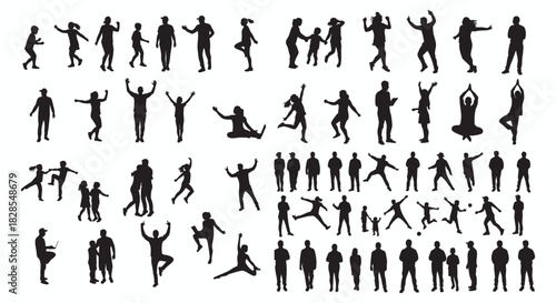 Dynamic Human Silhouettes Collection Diverse People in Active Poses, Illustrating Life's Movement, Community, and Individual Expression. Versatile Graphic Elements for Conceptual Design Projects.