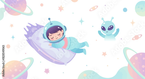 Adorable Child in Space Suit Sleeping Peacefully on Mattress Surrounded by