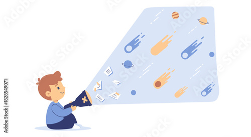 Child Exploring Space Through a Brightly Illuminated Spacecraft Flashlight in