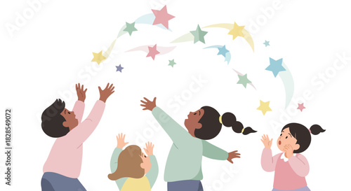 joyful children playing with colorful stars and magical sparkles in a cheerful
