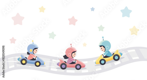 Children Enjoying a Fun Ride on a Curved Race Track with Starry Sky Background