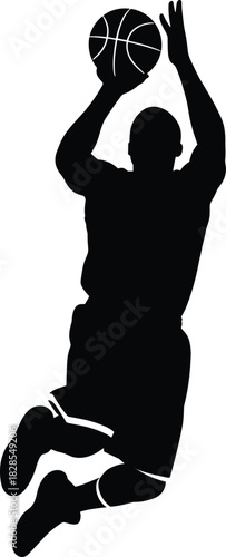 Dynamic silhouette of professional male basketball player leaping high for a jump shot or slam dunk, isolated vector illustration capturing power, energy, 