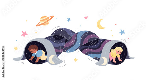 Creative Illustration of Kids Exploring Outer Space in Playful Tunnels with