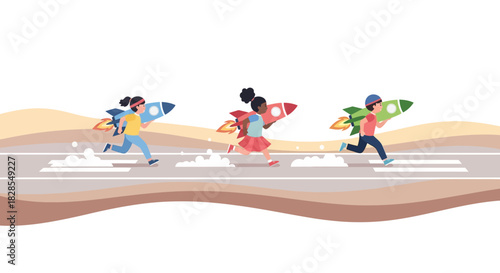 Children Running with Rocket Backpacks Across a Landscape in a Playful