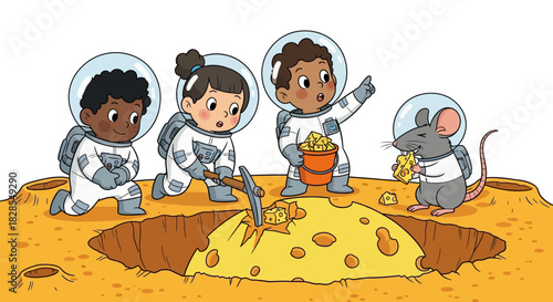 Children and a mouse exploring a cheese crater on an imaginative space adventure