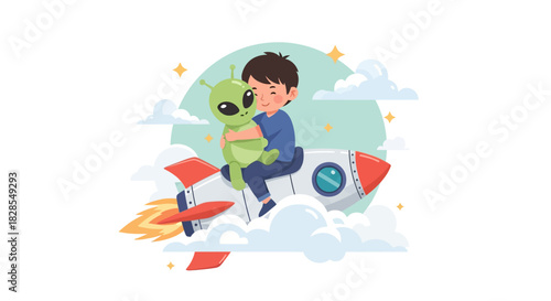 Adorable Child Hugging Cute Alien Character While Riding Space Rocket Skyward