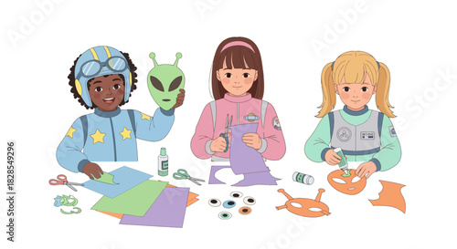 Creative children engaging in arts and crafts activities with playful themes