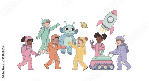 Children in colorful astronaut costumes engaging with a friendly robot in