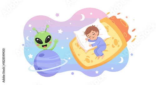Child Dreaming of Extraterrestrial Adventure While Sleeping on Snack Bed