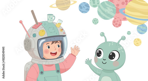 Whimsical children astronaut engaging with a friendly alien amidst colorful