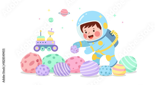 Cute astronaut exploring colorful planets and moons in space with playful