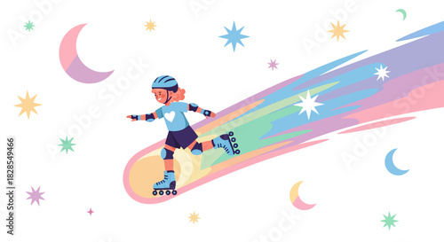 Energetic young girl roller skating through a colorful cosmic night sky with