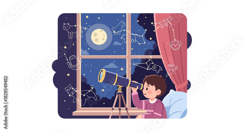 child observing celestial sky through telescope with zodiac constellations and