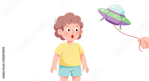 Child Watching a Flying Saucer Toy with Surprise and Curiosity in Digital