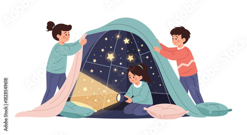 Children Exploring Imaginary Constellations Inside a Pop-up Tent for Creative