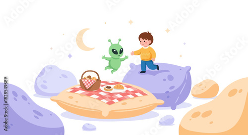 Child and friendly alien share a whimsical night sky picnic on rocks with moon