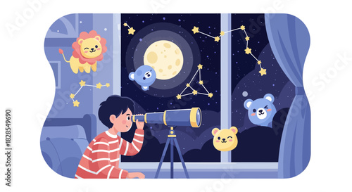children observing constellations and celestial objects through telescope in