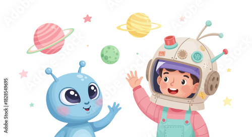 Whimsical children's illustration featuring adorable alien and astronaut