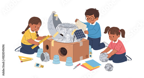 Children Engaging in Creative Building Activity with Cardboard and Rocks