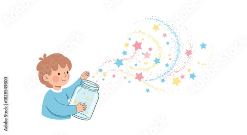 Whimsical Child Wearing Blue Releasing Sparkling Colorful Magic from a Glass Jar