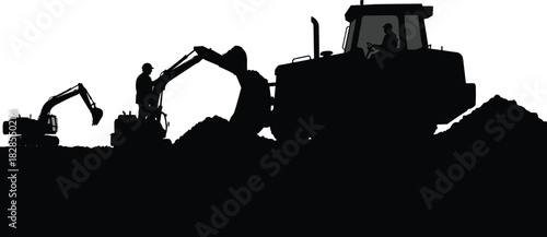 Dynamic black silhouette scene of a large earth-moving tractor, a mini excavator, and a worker supervising digging activities on a deep construction site, symbolizing industrial development and labor