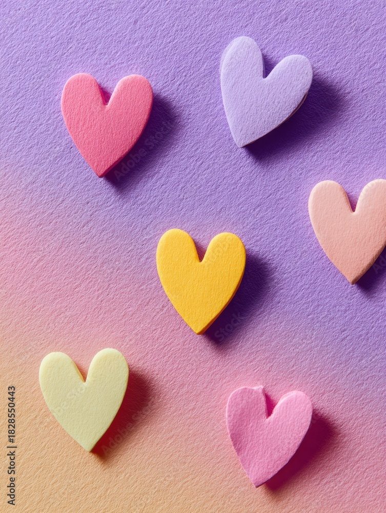 Fototapeta premium Colorful Heart Stickers on Pastel Purple Paper Create a Cheerful and Warm Atmosphere Perfect for Decoration or Crafts