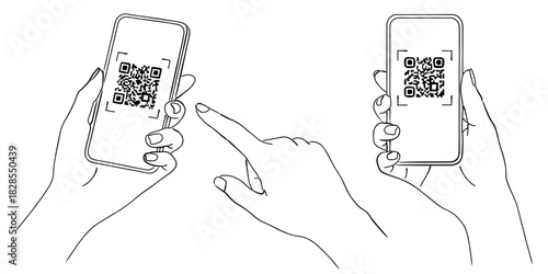 線画のスマートフォンQRコード決済・読み取り,キャッシュレス,モバイル決済,情報交換,スキャン,アプリ,シンプル,ベクター