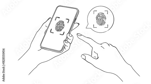線画のスマートフォン指紋認証（生体認証）,セキュリティ,ログイン,タッチ操作,モバイル決済,ロック解除,シンプル,ベクター