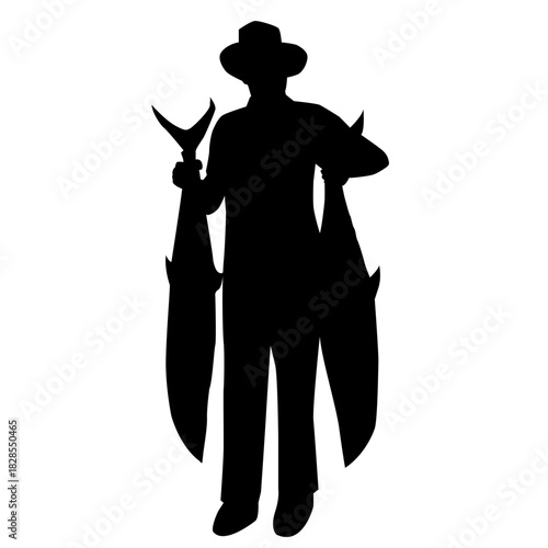 silhouette of a male fisherman wearing a cowboy hat holding two large fish