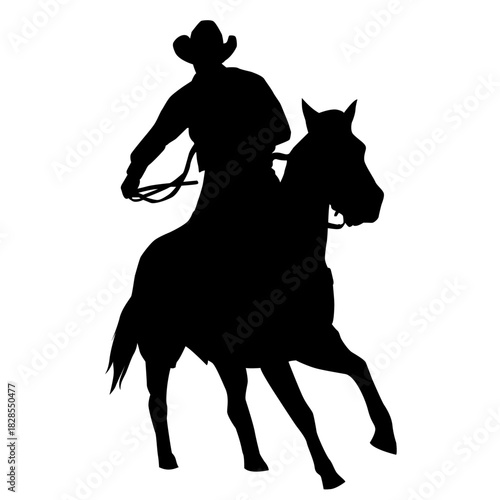 A vector silhouette of a working ranch cowboy riding a horse. The cowboy is holding a lasso rope