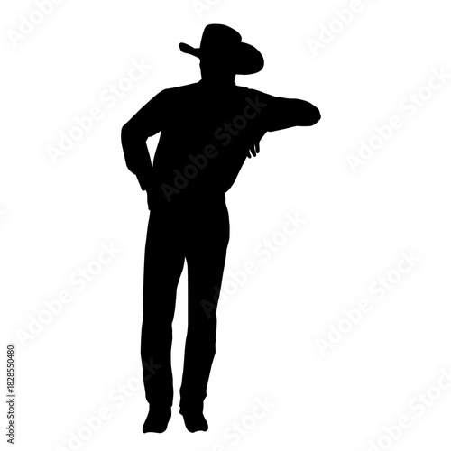 silhouette of a man wearing a cowboy hat is leaning with his right hand on his hip