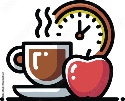 Healthy breakfast vector icon showing a steaming cup of coffee or tea with a vibrant red apple and morning sun