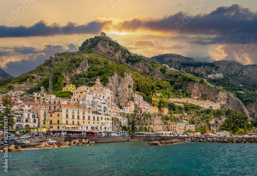 Tableau sur toile Procida island colorful town with harbor at summer with flowers, Italy