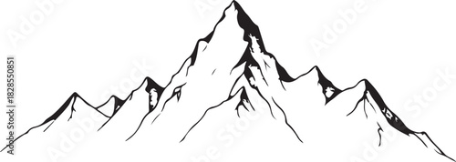 Hand drawn sketch of a majestic mountain range in black and white