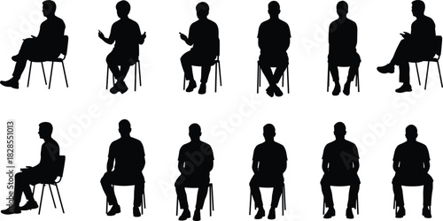 Extensive collection of black silhouette figures sitting on chairs in various poses, including front and side 