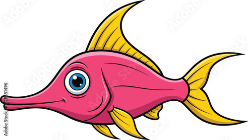 Cartoon pink fish vector illustration, long snout and yellow fins, expressive aquatic character for kids and educational content