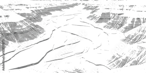 Vast eroded desert canyon with winding dry riverbed from above isolated on white background