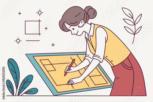 Woman drawing architectural design with pen and paper