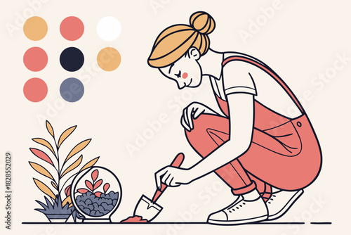 Woman Gardening Plants With Shovel And Terrarium Illustration