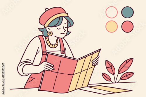 Woman in pink beret reading a map with a happy expression
