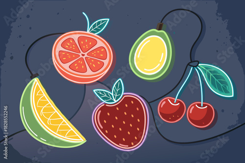 Showcasing Floating Fruits With Glowing Edges Bold Stunning High-Quality Stock Image