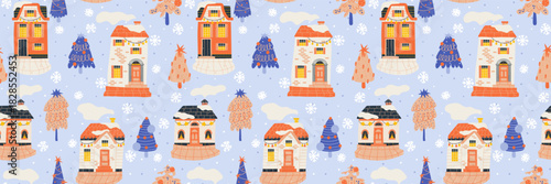 Modern simples pattern scandinavian village with tiny snow covered christmas houses.