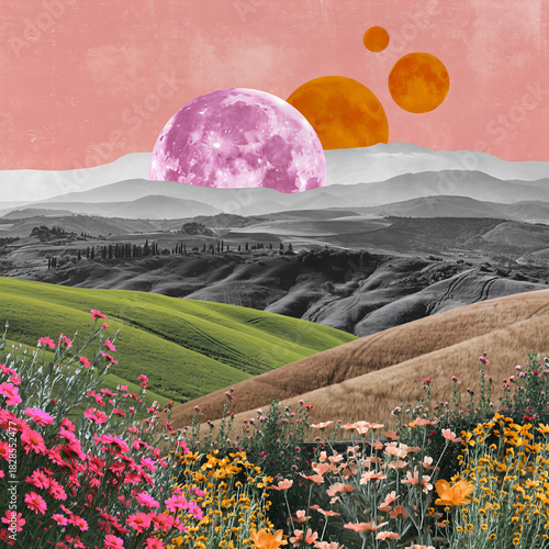 Surreal landscape with colorful clouds and unique celestial bodies over rolling hills and vibrant flowers in a dreamlike setting