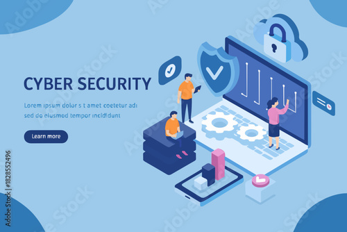 Cyber security concept with characters. Can use for web banner, infographics, hero images. Flat isometric vector illustration isolated on white background.